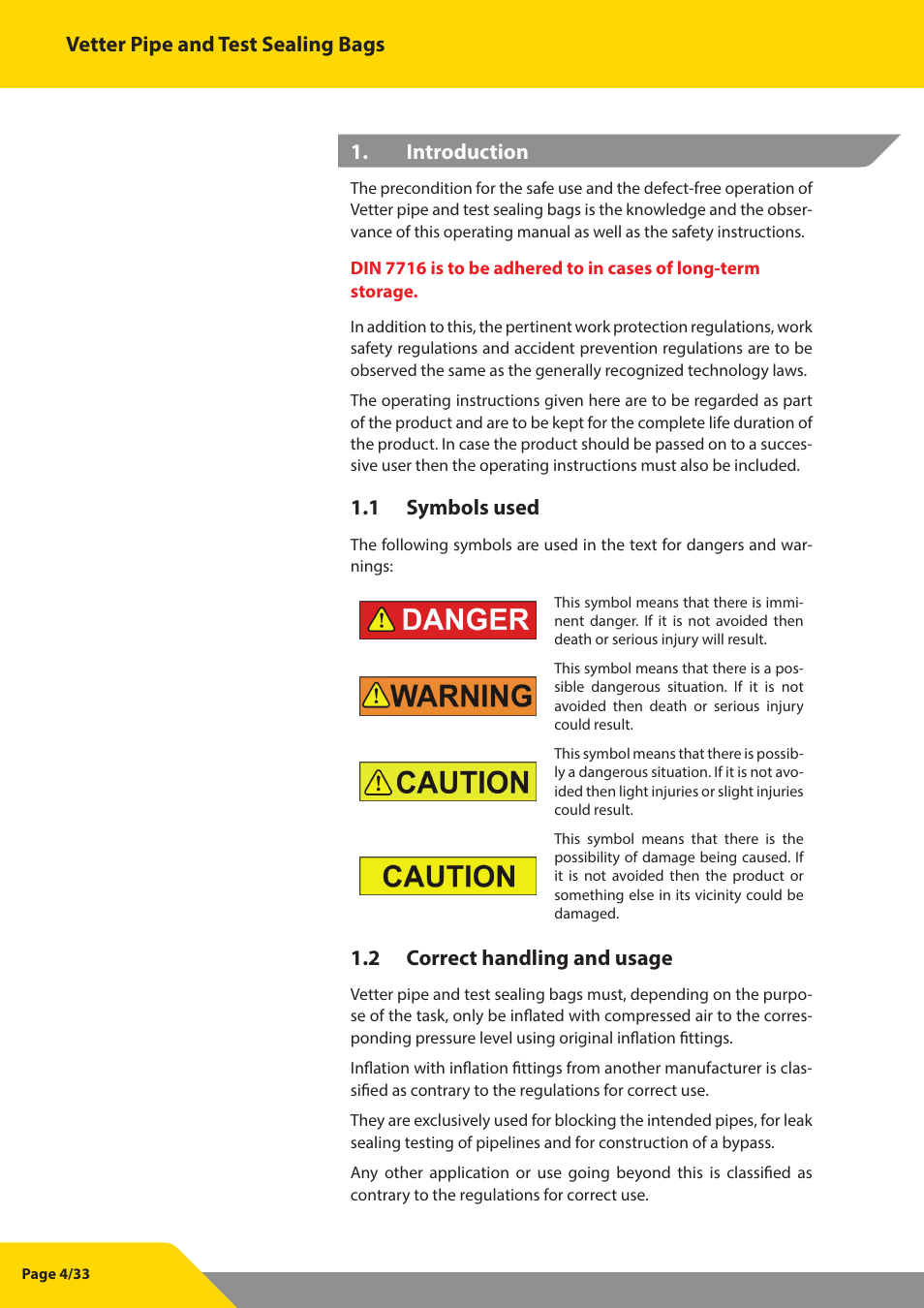 Vetter pipe and test sealing bags, Introduction, 1 symbols used | 2 correct handling and usage | Vetter Pipe and Test Sealing Bags User Manual | Page 4 / 33