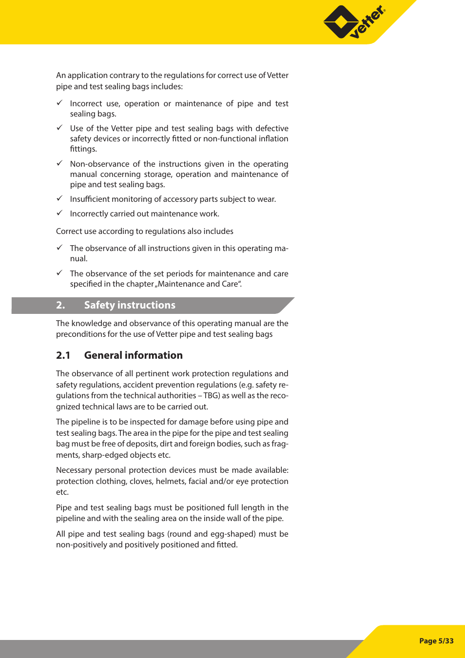 Safety instructions, 1 general information | Vetter Pipe and Test Sealing Bags User Manual | Page 5 / 33