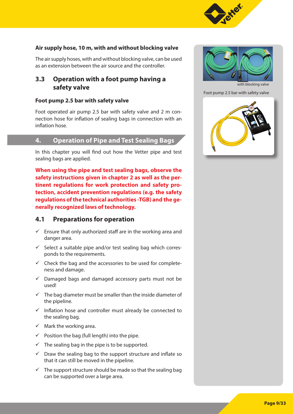 3 operation with a foot pump having a safety valve, Operation of pipe and test sealing bags, 1 preparations for operation | Vetter Pipe and Test Sealing Bags User Manual | Page 9 / 33