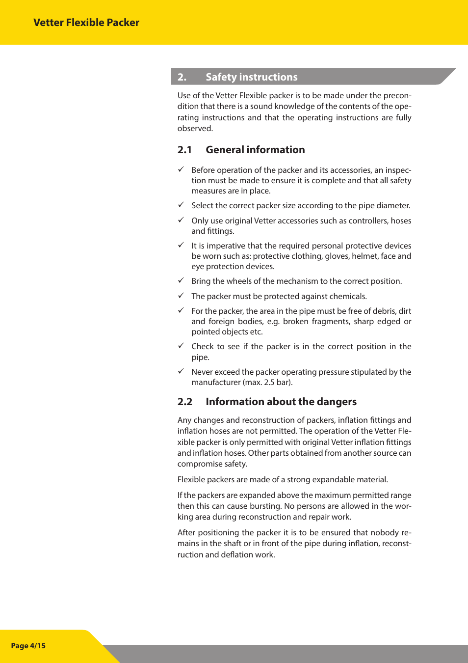 Vetter flexible packer, Safety instructions, 1 general information | 2 information about the dangers | Vetter Flexible packers User Manual | Page 4 / 15