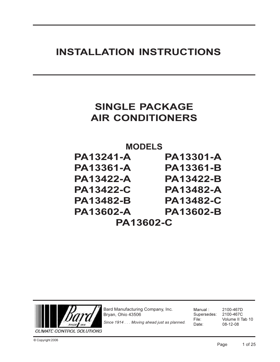 Bard Single Package air Conditioners PA13241-A User Manual | 25 pages