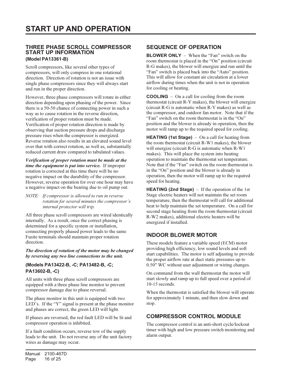 Start up and operation | Bard Single Package air Conditioners PA13241-A User Manual | Page 16 / 25