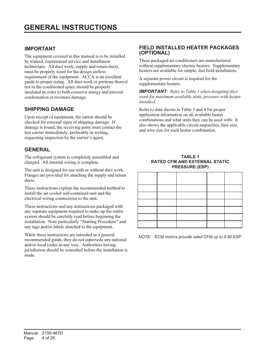 General instructions, Important, Shipping damage | General, Field installed heater packages (optional) | Bard Single Package air Conditioners PA13241-A User Manual | Page 4 / 25