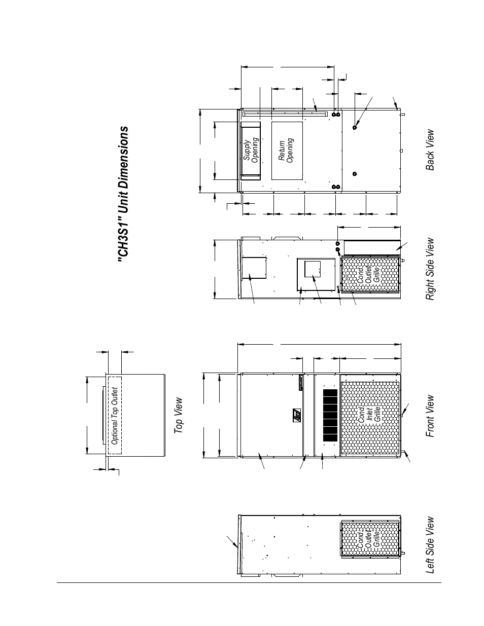 Ch3s1" unit dimensions, Left side view, Rig ht s ide vi ew back view | Top view, Front view | Bard CH4S1 User Manual | Page 5 / 28