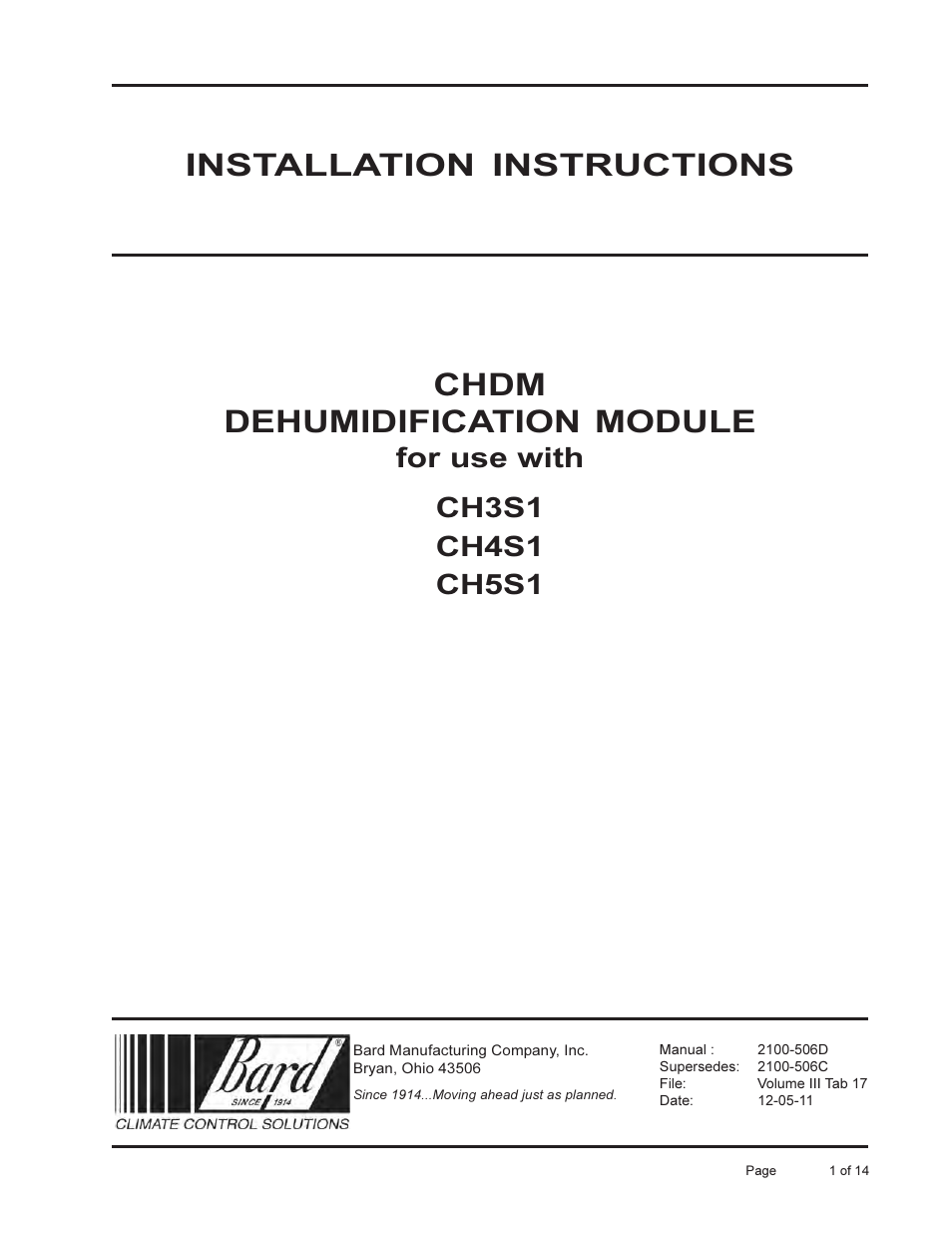Bard CHDM Dehumidification Module CH3S1 User Manual | 14 pages