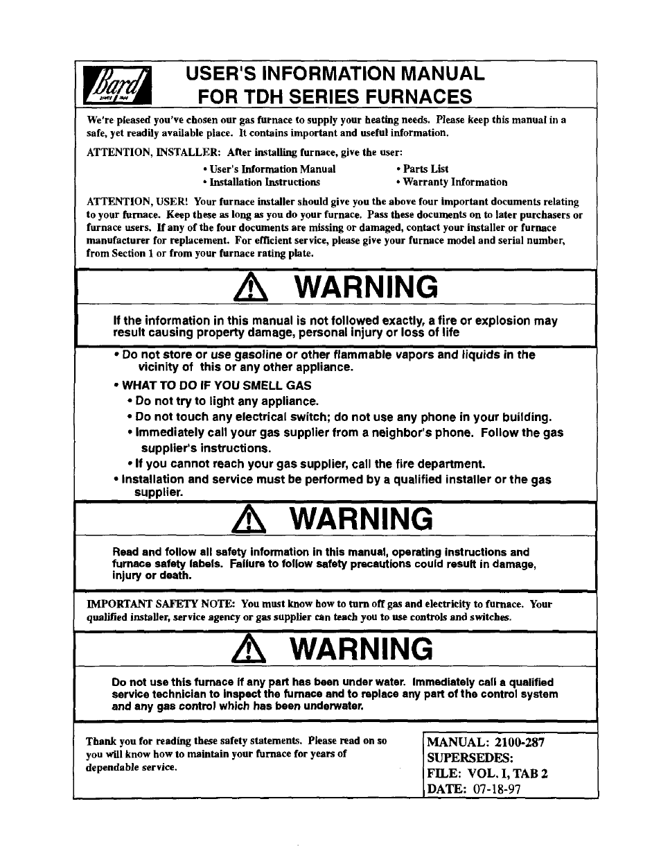 Bard Furnace 2100-287 User Manual | 10 pages