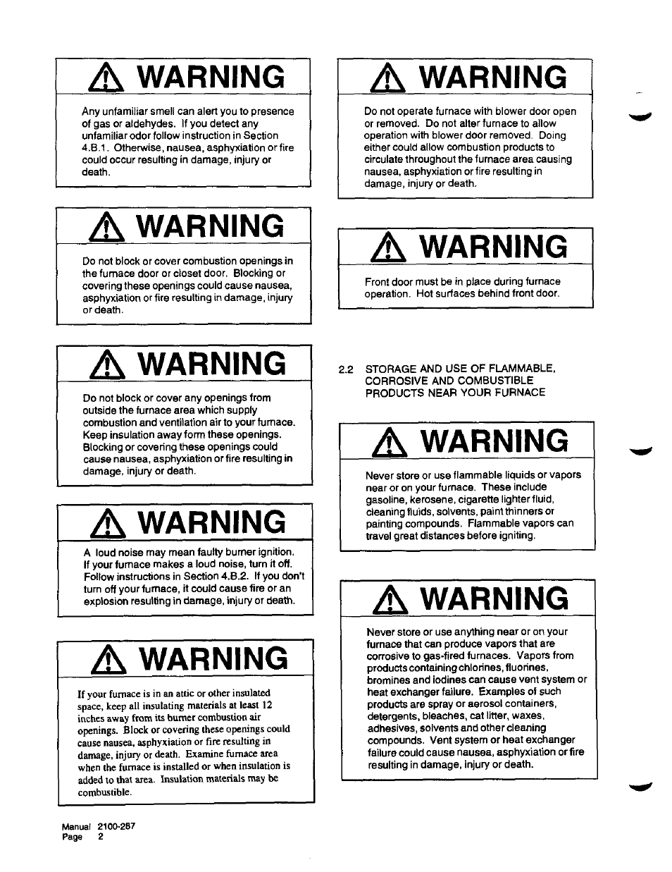 A warning, Warning | Bard Furnace 2100-287 User Manual | Page 4 / 10