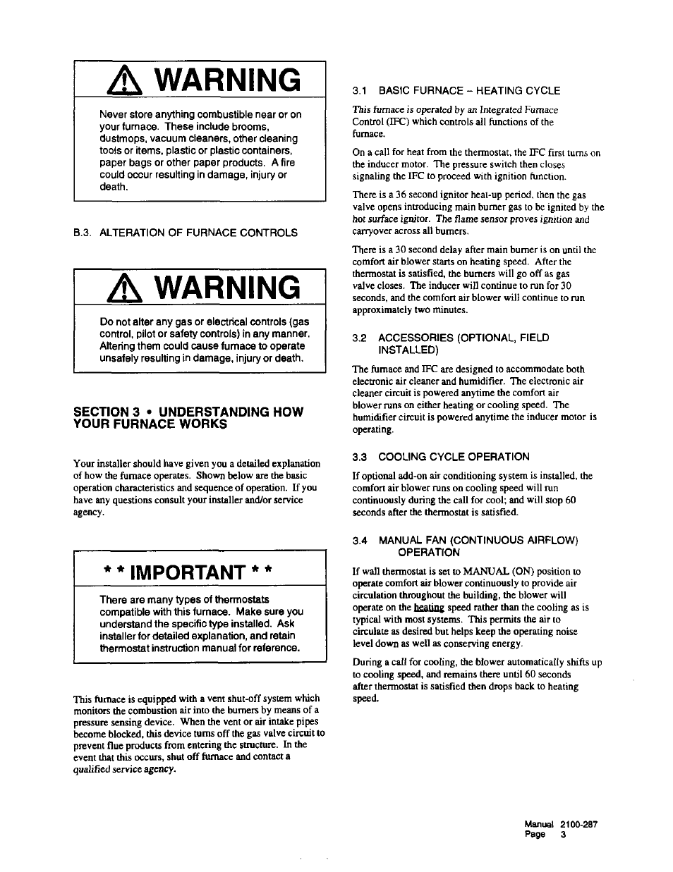 A warning, Section 3 • understanding how your furnace works, Section | 3 understanding how your furnace works, Warning, Important | Bard Furnace 2100-287 User Manual | Page 5 / 10