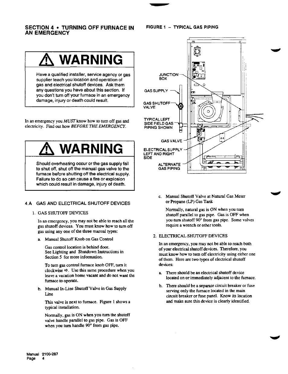 Section 4 • turning off furnace in an emergency, A warning, Section | 4 turning off furnace in an emergency, Warning | Bard Furnace 2100-287 User Manual | Page 6 / 10