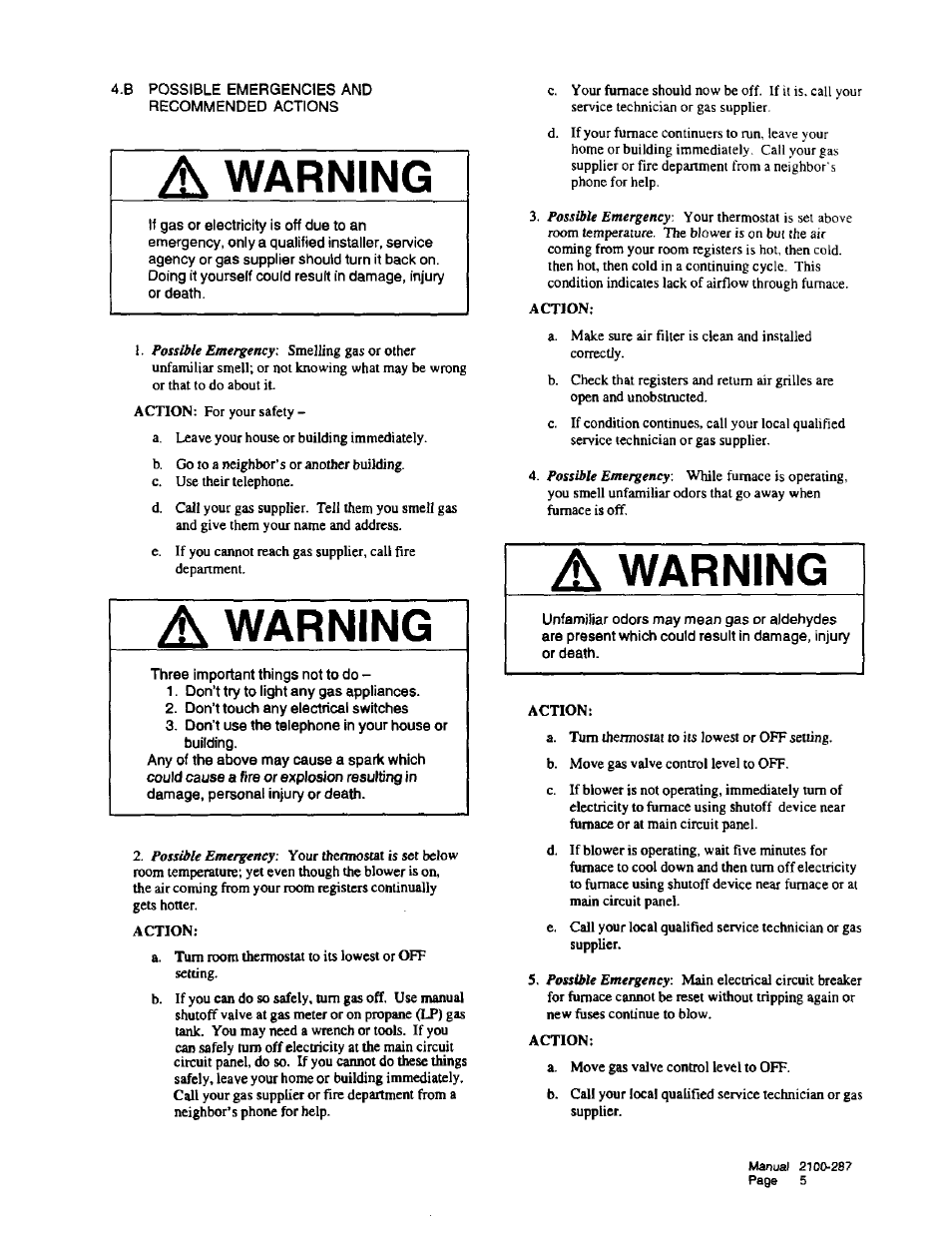 A warning, Warning | Bard Furnace 2100-287 User Manual | Page 7 / 10