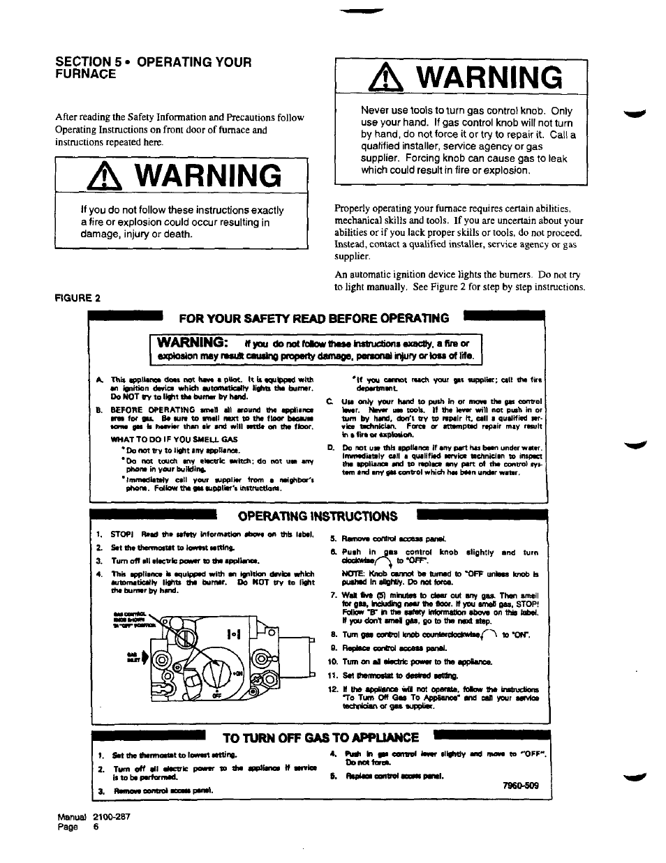 Section 5 • furnace, Operating your, A warning | For your safety read before operating, Operating instructions, To turn off gas to appuance, Warning | Bard Furnace 2100-287 User Manual | Page 8 / 10