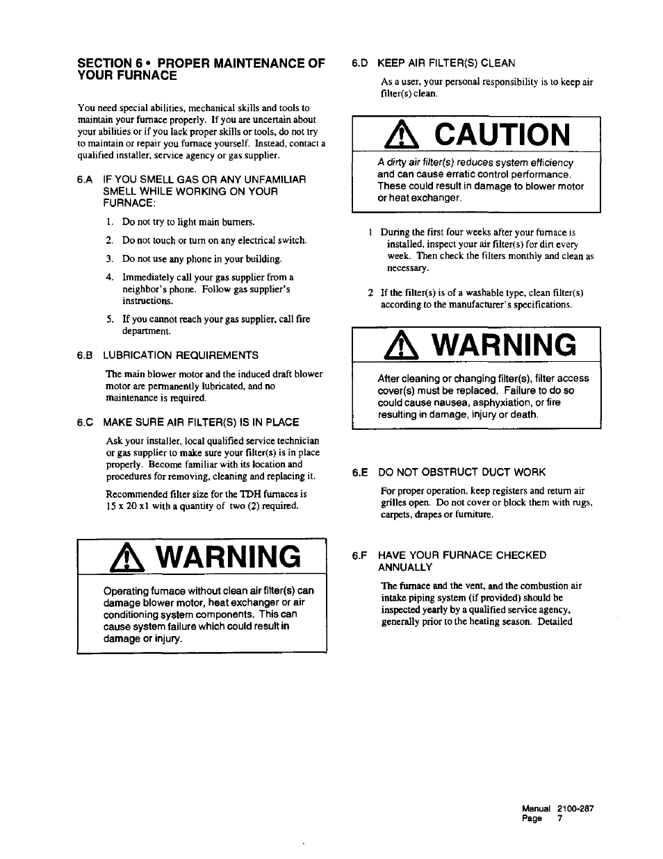 Section 6 • proper maintenance of your furnace, Section, 6 proper maintenance of your furnace | A caution, Warning | Bard Furnace 2100-287 User Manual | Page 9 / 10