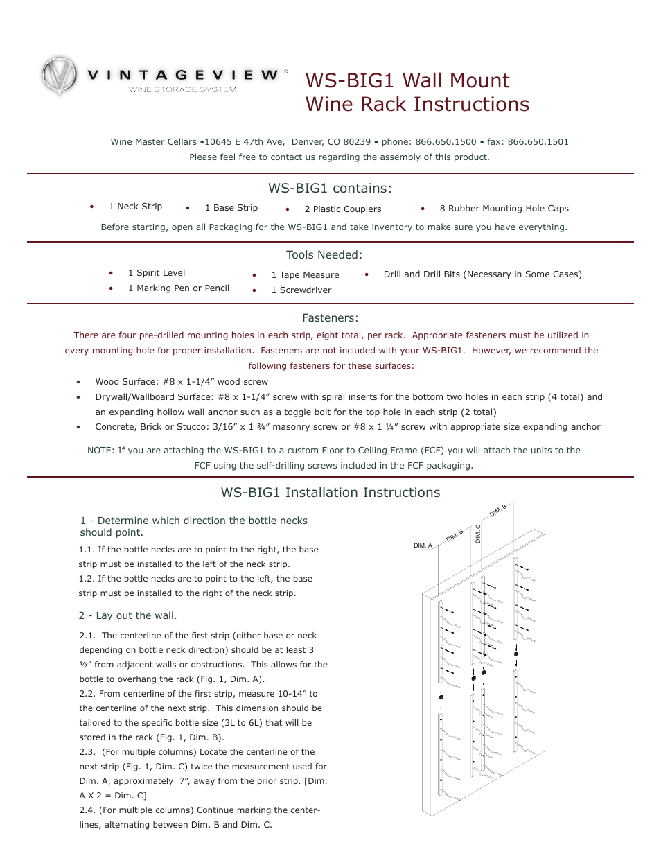 VintageView WSBIG1 - Big Bottle Rack User Manual | 2 pages