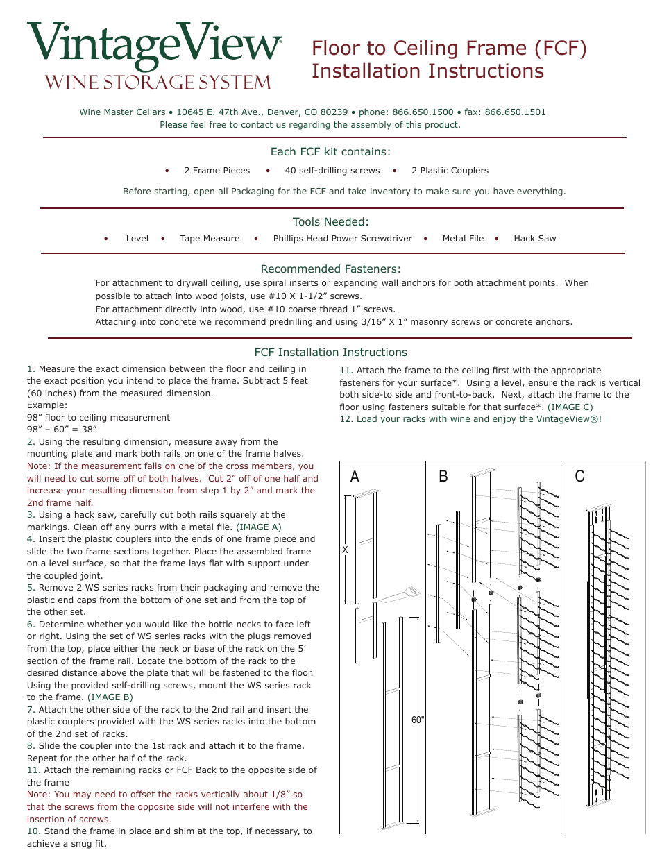 Vintage Cellars VintageView Backer Bar Set for FCF - Single sided User Manual | 1 page