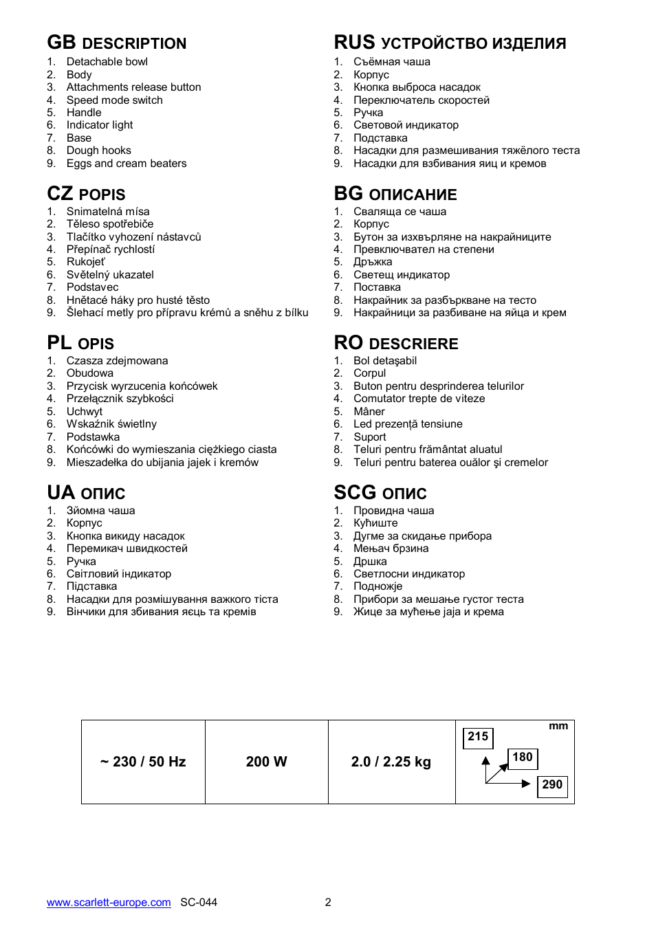 Ua scg | Scarlett SC-044 User Manual | Page 2 / 14