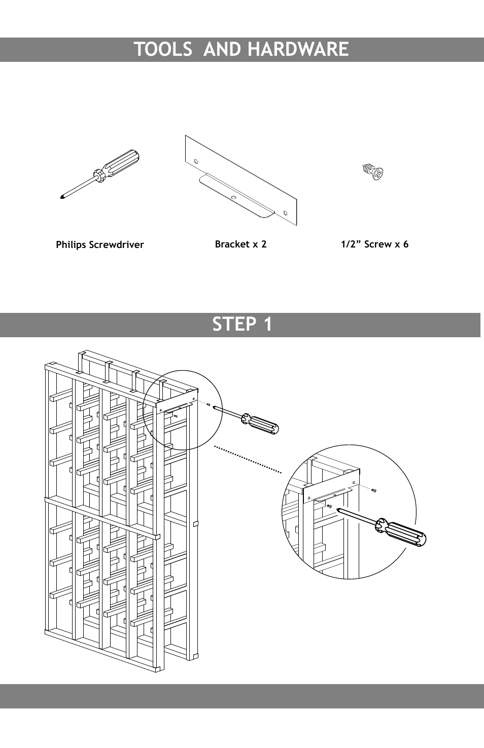Tools and hardware, Step 1 | Vintage Cellars TR-UN-GR User Manual | Page 2 / 4