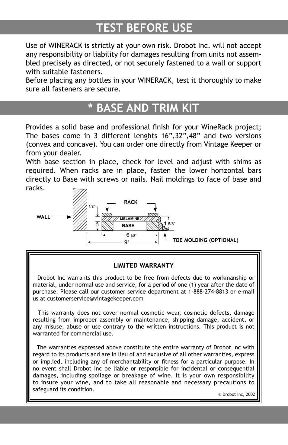 Base and trim kit, Test before use | Vintage Cellars TR-UN-GR User Manual | Page 4 / 4