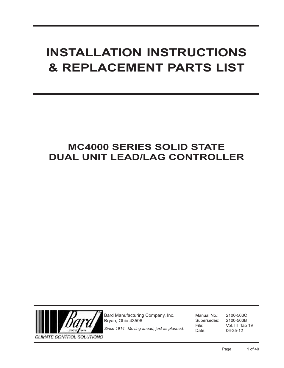 Bard Solid State Dual Unit Lead/Lag Controller MC4000 User Manual | 40 pages
