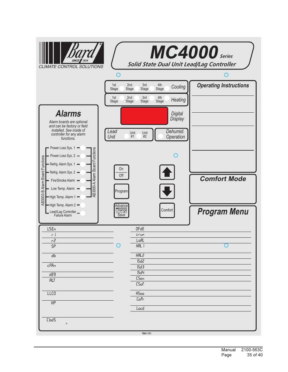 Mc4000, Alarms, Program menu | Comfort mode, Operating instructions, Solid state dual unit lead lag controller | Bard Solid State Dual Unit Lead/Lag Controller MC4000 User Manual | Page 35 / 40