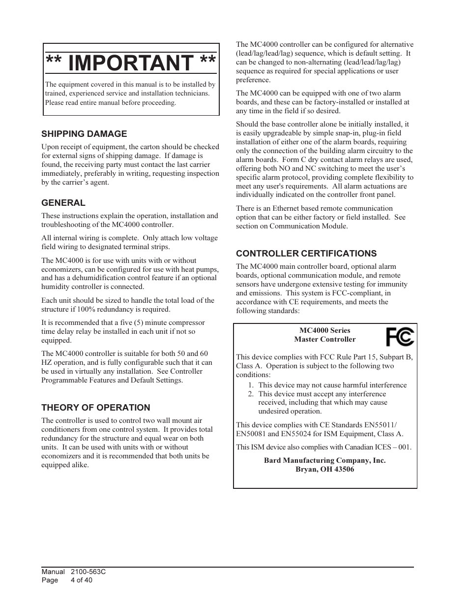 Important | Bard Solid State Dual Unit Lead/Lag Controller MC4000 User Manual | Page 4 / 40