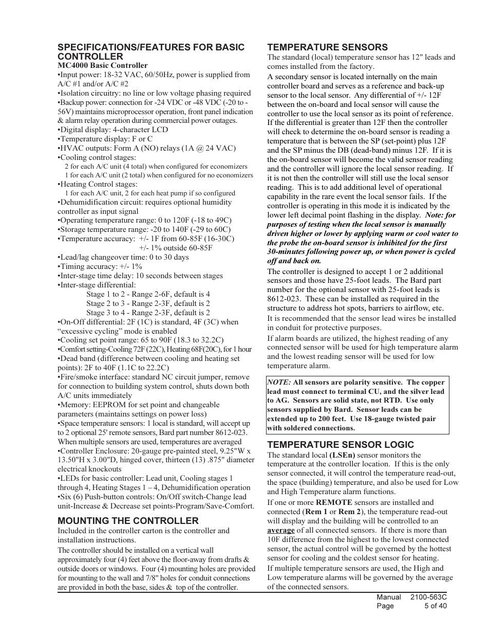 Bard Solid State Dual Unit Lead/Lag Controller MC4000 User Manual | Page 5 / 40