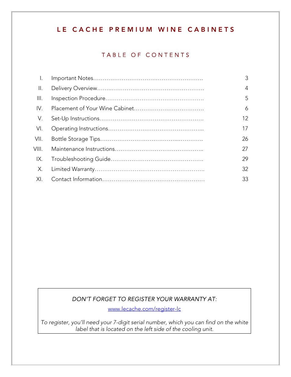 Vintage Cellars Le Cache Cabinet Owners Manual User Manual | Page 3 / 34