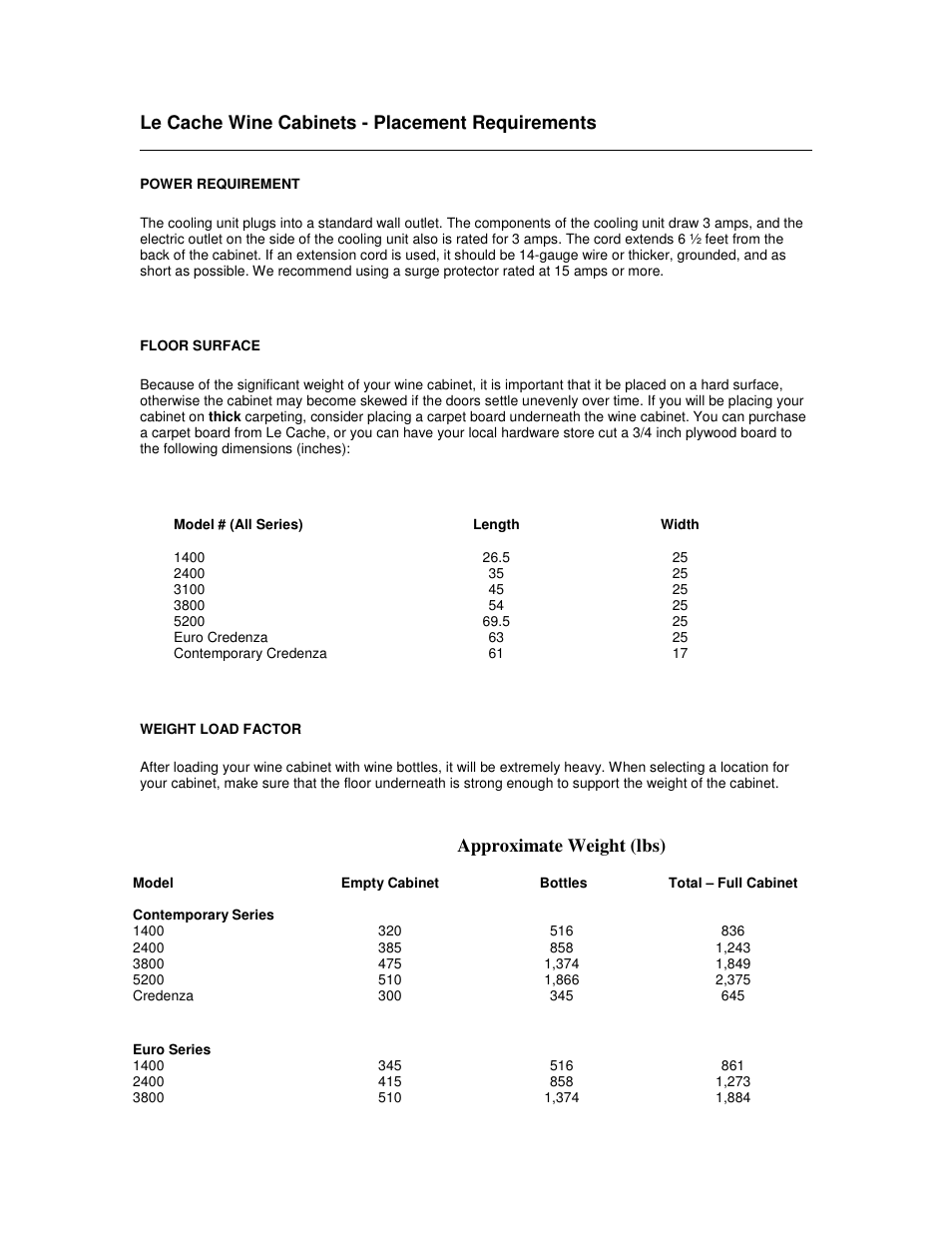 Vintage Cellars Le Cache Placement Requirements User Manual | 3 pages