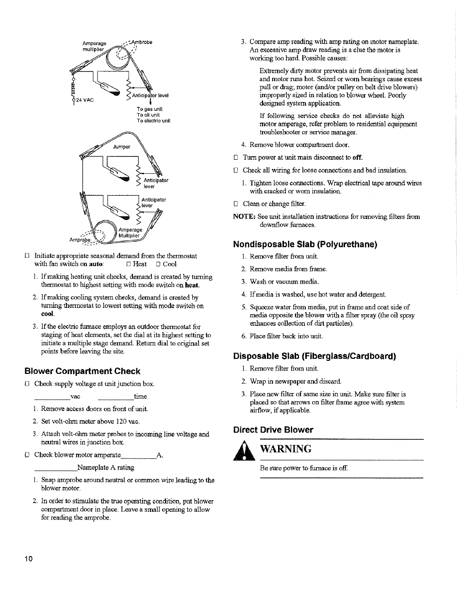 Blower compartment check, Nondisposable slab (polyurethane), Disposable slab (fiberglass/cardboard) | Direct drive blower, Beit drive biower, Warning | Bard 2100-066 Rev. A User Manual | Page 12 / 15