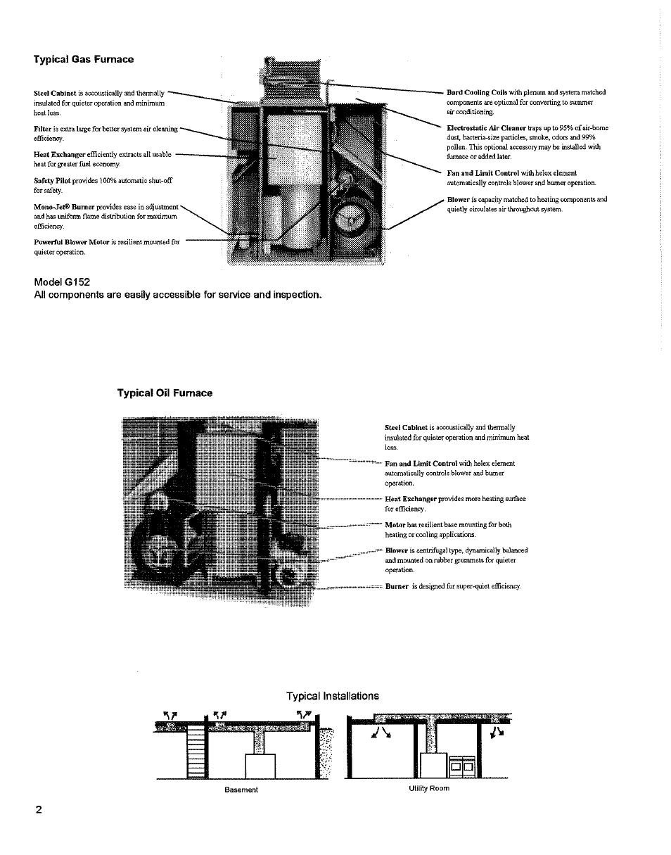 Typical gas furnace, Model g152, Typical oil furnace | Typical installations | Bard 2100-066 Rev. A User Manual | Page 4 / 15