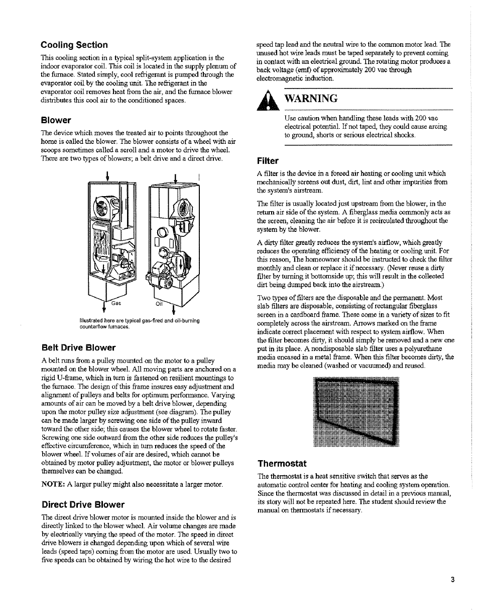 Cooling section, Blower, Belt drive blower | Direct drive blower, Filter, Thermostat, Biower, Direct drive blower filter thermostat, Warning | Bard 2100-066 Rev. A User Manual | Page 5 / 15