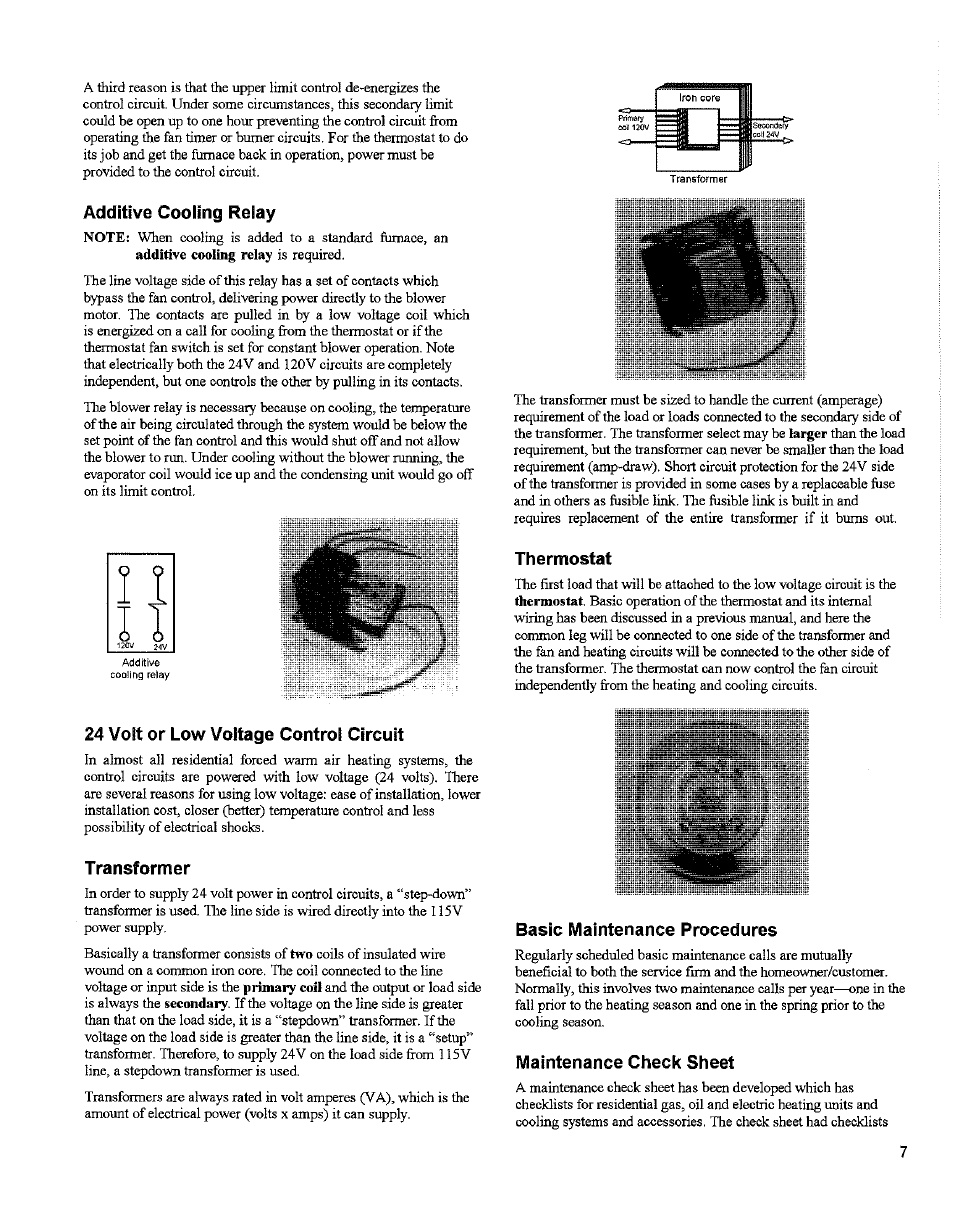 Additive cooling relay, 24 volt or low voltage control circuit, Transformer | Thermostat, Basic maintenance procedures, Maintenance check sheet | Bard 2100-066 Rev. A User Manual | Page 9 / 15