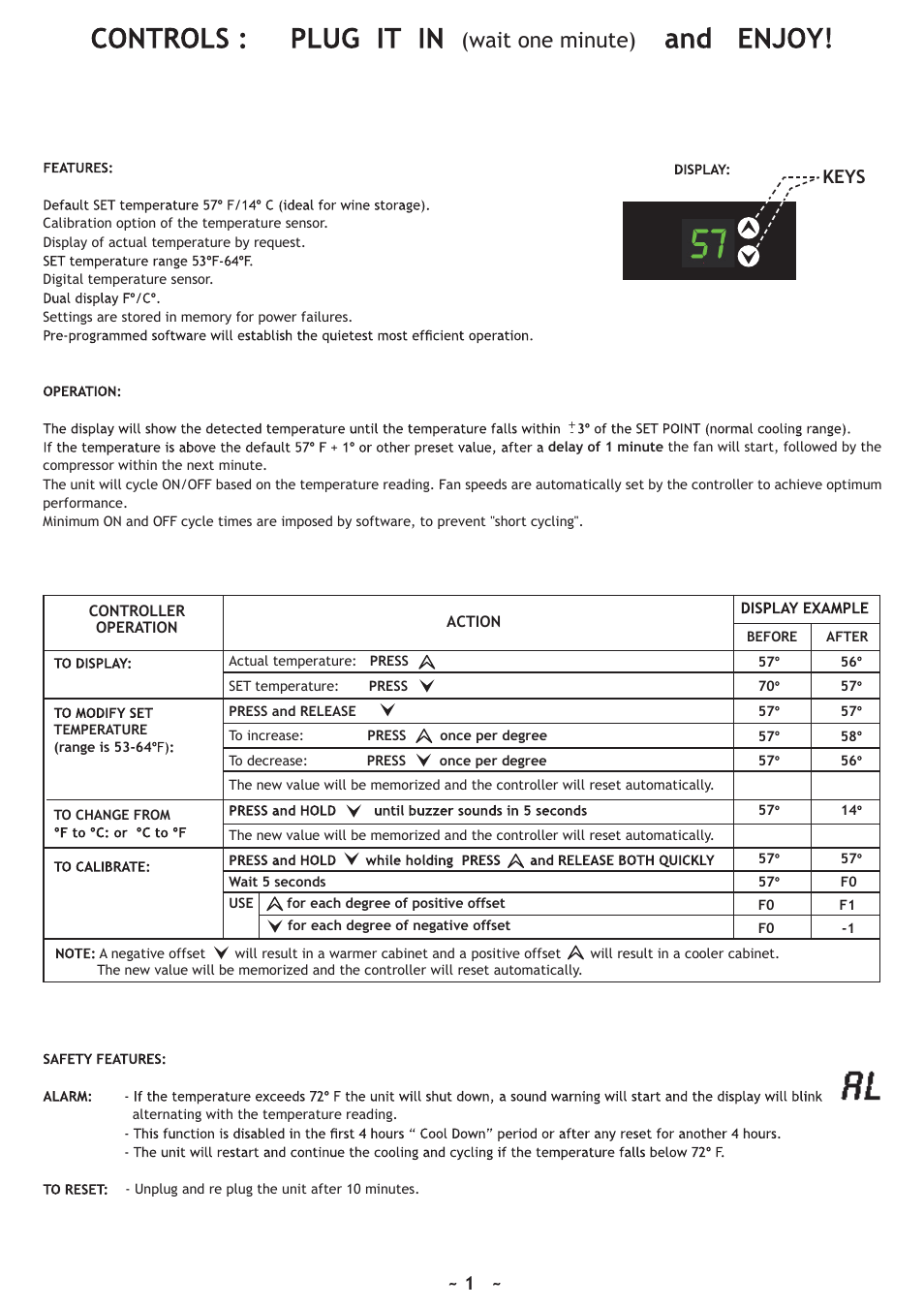 Wait one minute), Keys | Vintage Cellars WineKoolR Slimline 120 User Manual | Page 16 / 20