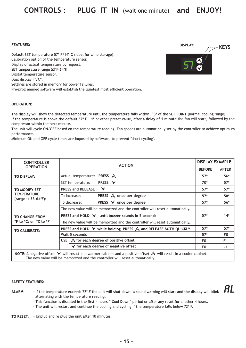 Wait one minute), Keys | Vintage Cellars WineKoolR Slimline 240 User Manual | Page 15 / 20