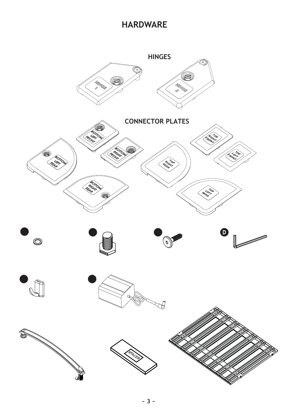 Hardware, Hinges, Connector plates | Vintage Cellars WineKoolR Slimline 240 User Manual | Page 3 / 20