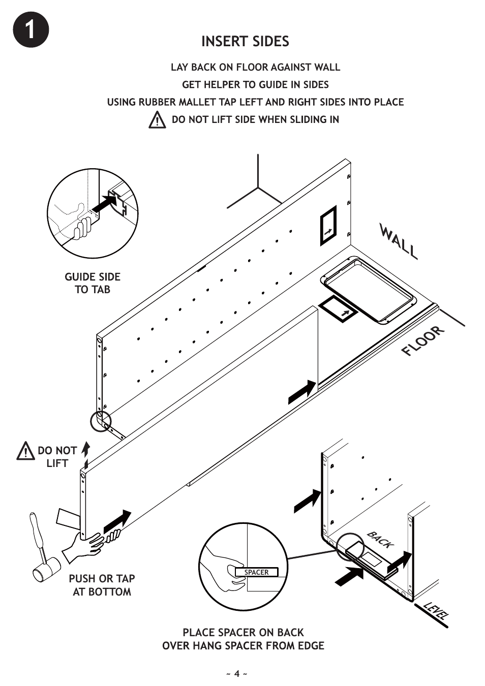 Floor, Wa ll, Insert sides | Level, Back | Vintage Cellars WineKoolR Slimline 240 User Manual | Page 4 / 20