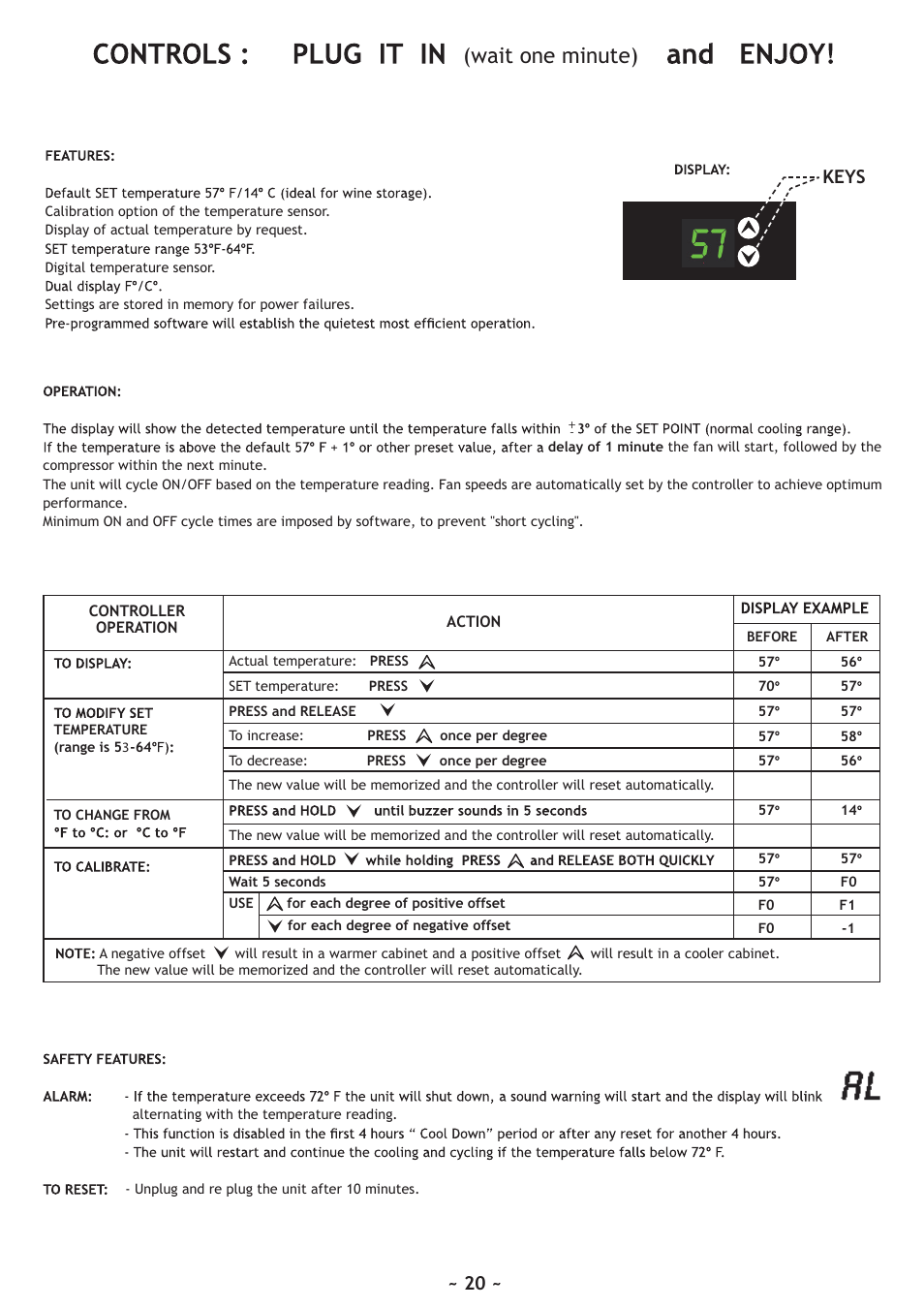 Wait one minute), Keys | Vintage Cellars WineKoolR Slimline 800 User Manual | Page 20 / 24