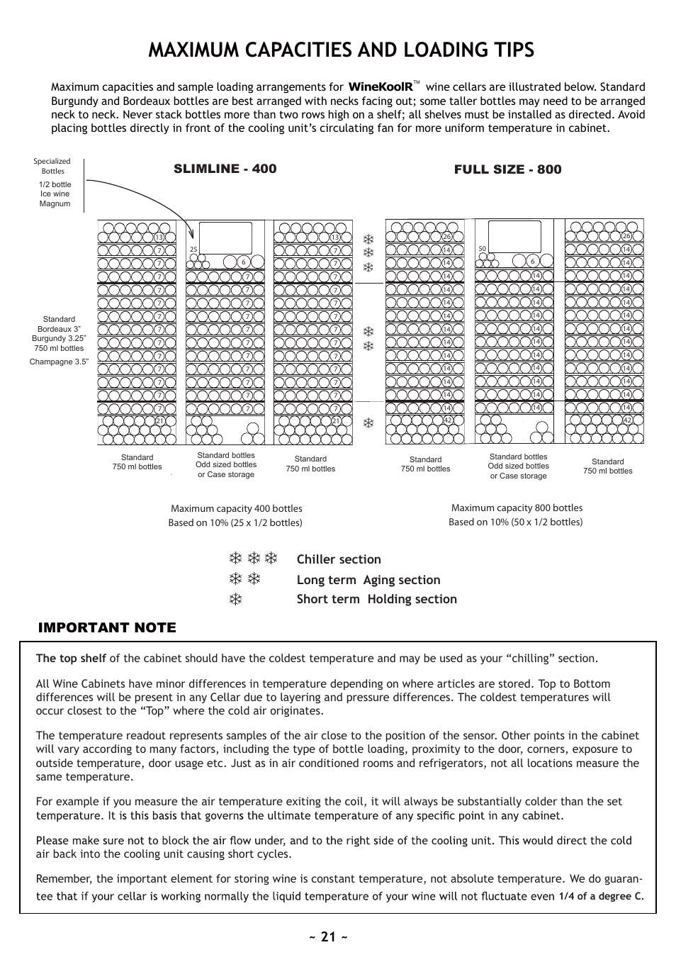 Maximum capacities and loading tips, Slimline - 400, Full size - 800 | Vintage Cellars WineKoolR Slimline 800 User Manual | Page 21 / 24