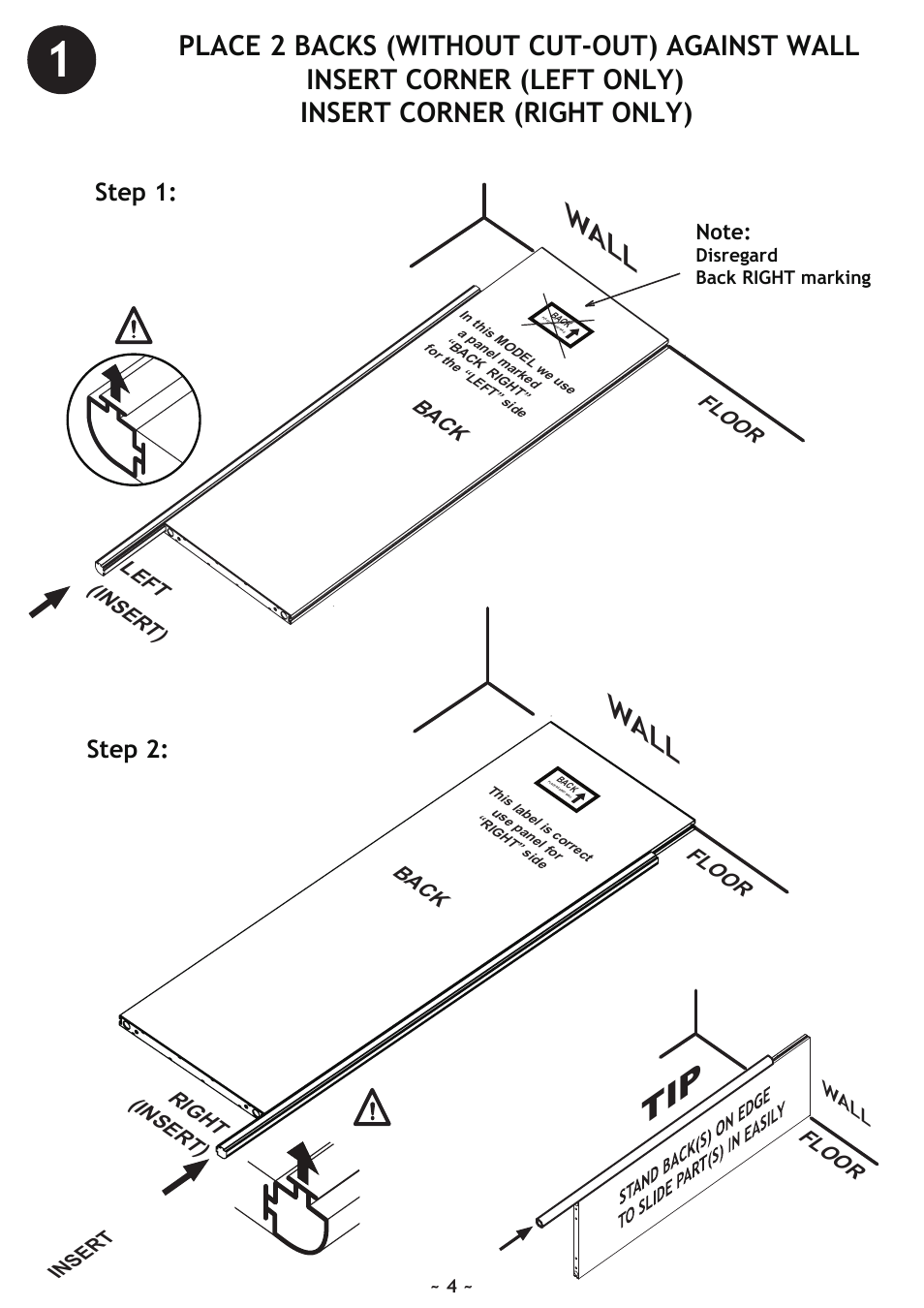 Wall, Place 2 backs (without cut-out) against wall, Step 1: step 2 | Vintage Cellars WineKoolR Slimline 800 User Manual | Page 4 / 24