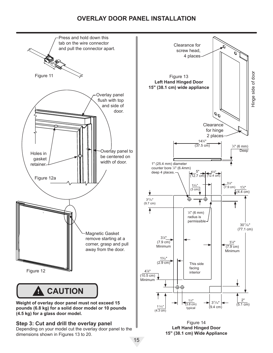 Caution, Overlay door panel installation, Step 3: cut and drill the overlay panel | Vintage Cellars ML24WD User Manual | Page 15 / 24
