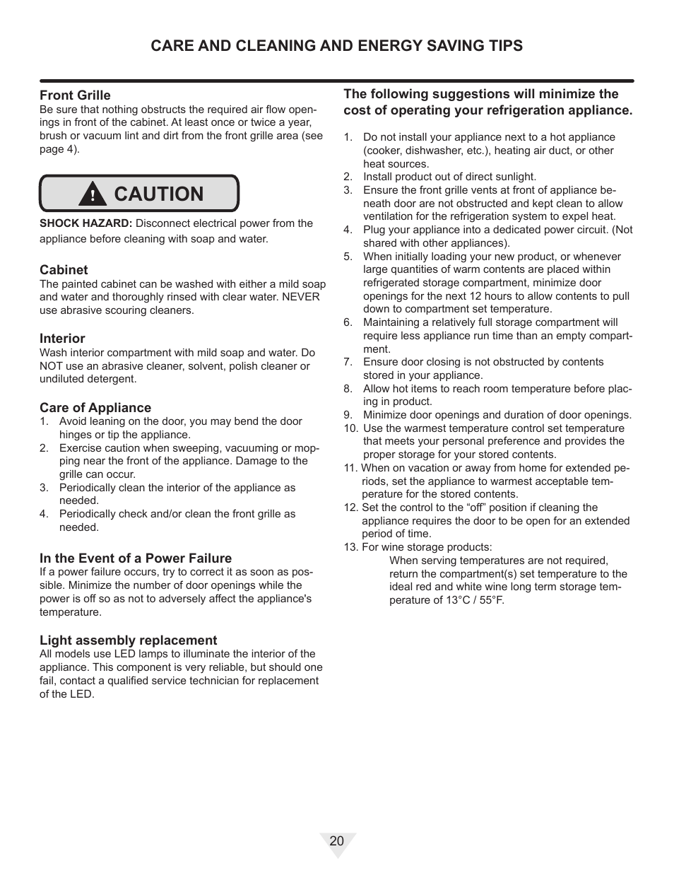 Caution, Care and cleaning and energy saving tips | Vintage Cellars ML24WD User Manual | Page 20 / 24