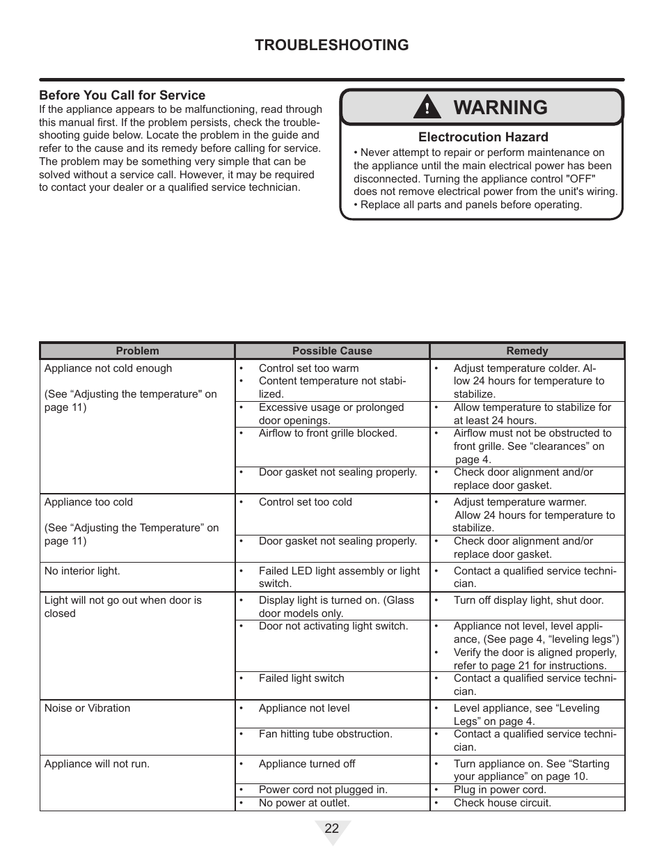 Warning, Troubleshooting | Vintage Cellars ML24WD User Manual | Page 22 / 24