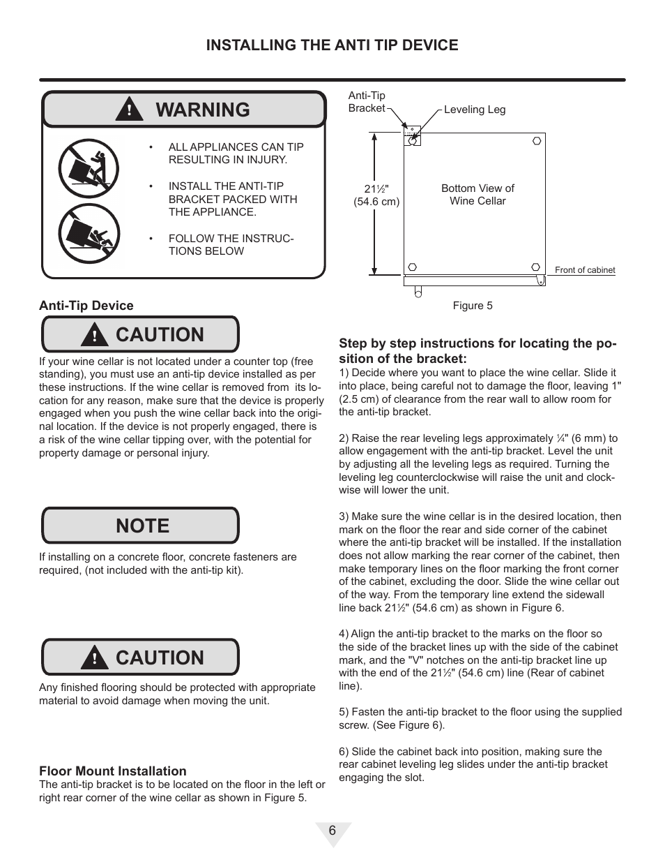 Caution, Warning, Installing the anti tip device | Vintage Cellars ML24WD User Manual | Page 6 / 24