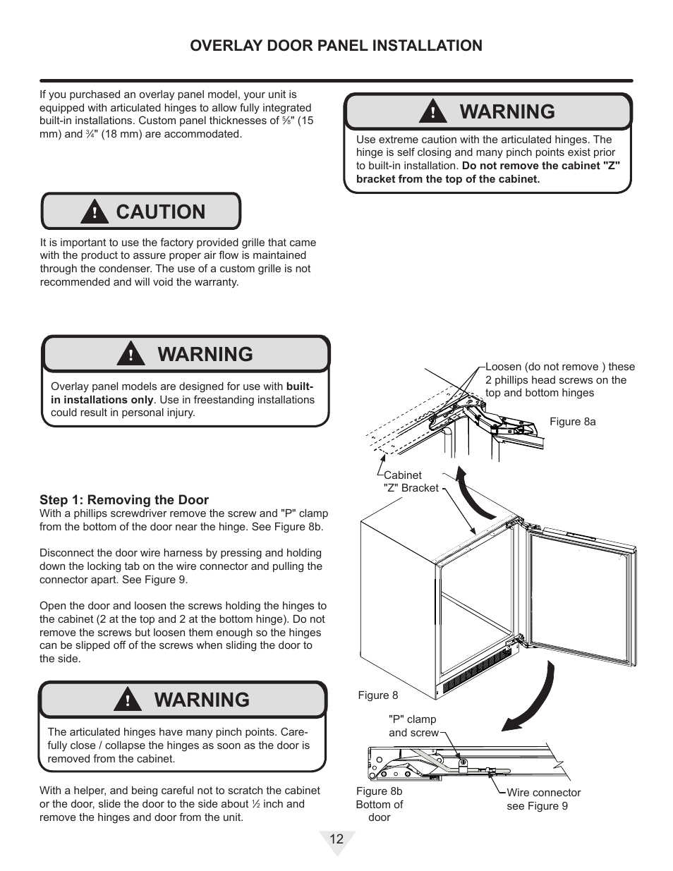 Warning, Caution, Overlay door panel installation | Vintage Cellars MP24WD User Manual | Page 12 / 24