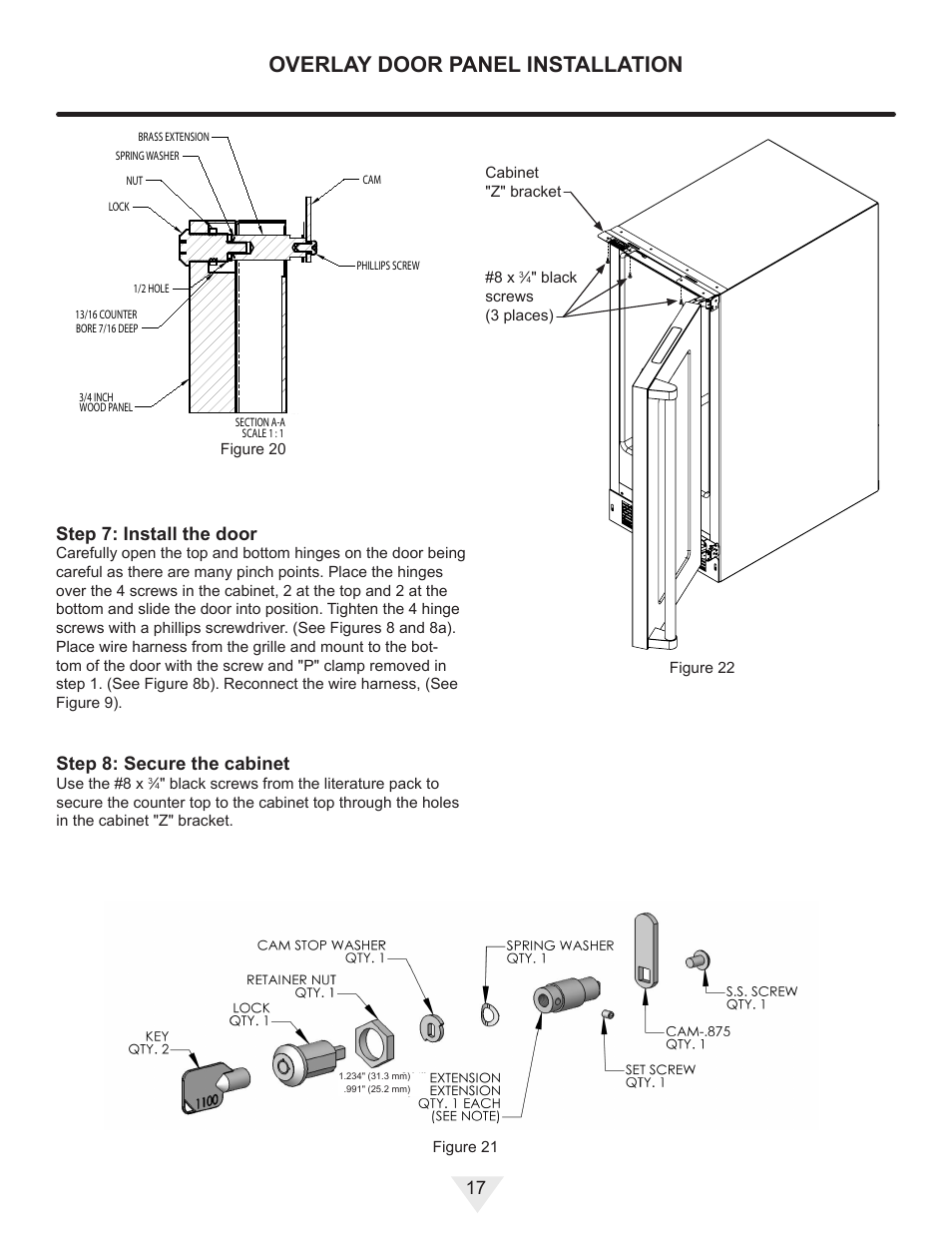 Overlay door panel installation, Step 8: secure the cabinet, Step 7: install the door | Vintage Cellars MP24WD User Manual | Page 17 / 24