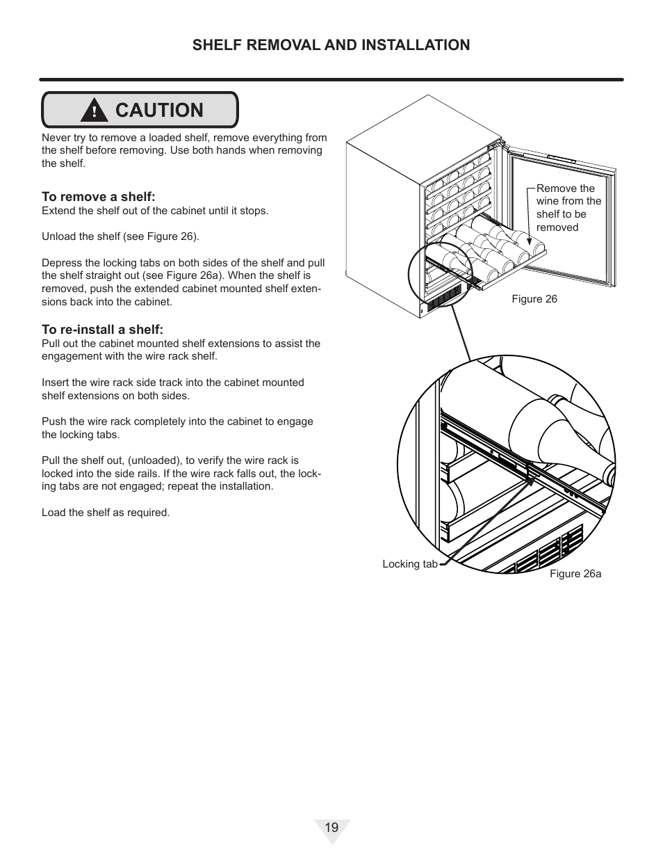 Caution, Shelf removal and installation | Vintage Cellars MP24WD User Manual | Page 19 / 24