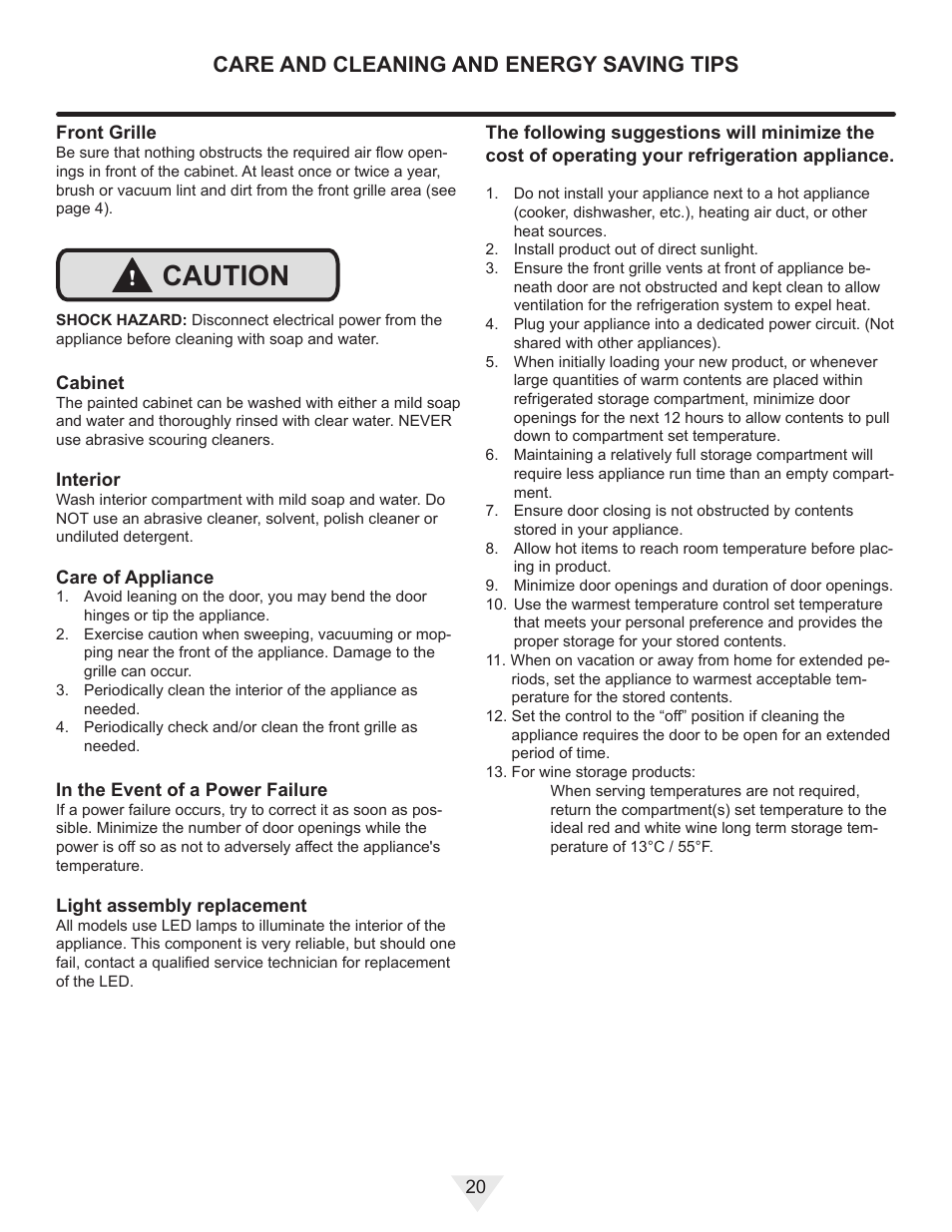 Caution, Care and cleaning and energy saving tips | Vintage Cellars MP24WD User Manual | Page 20 / 24