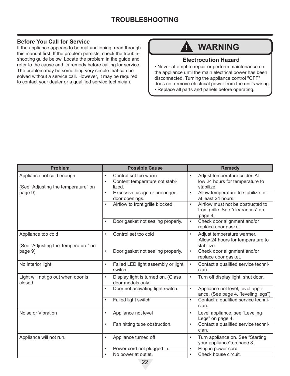 Warning, Troubleshooting | Vintage Cellars MP24WD User Manual | Page 22 / 24