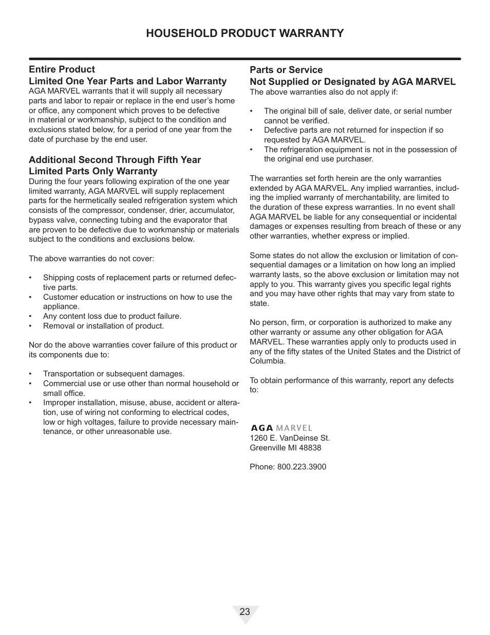 Household product warranty | Vintage Cellars MP24WD User Manual | Page 23 / 24