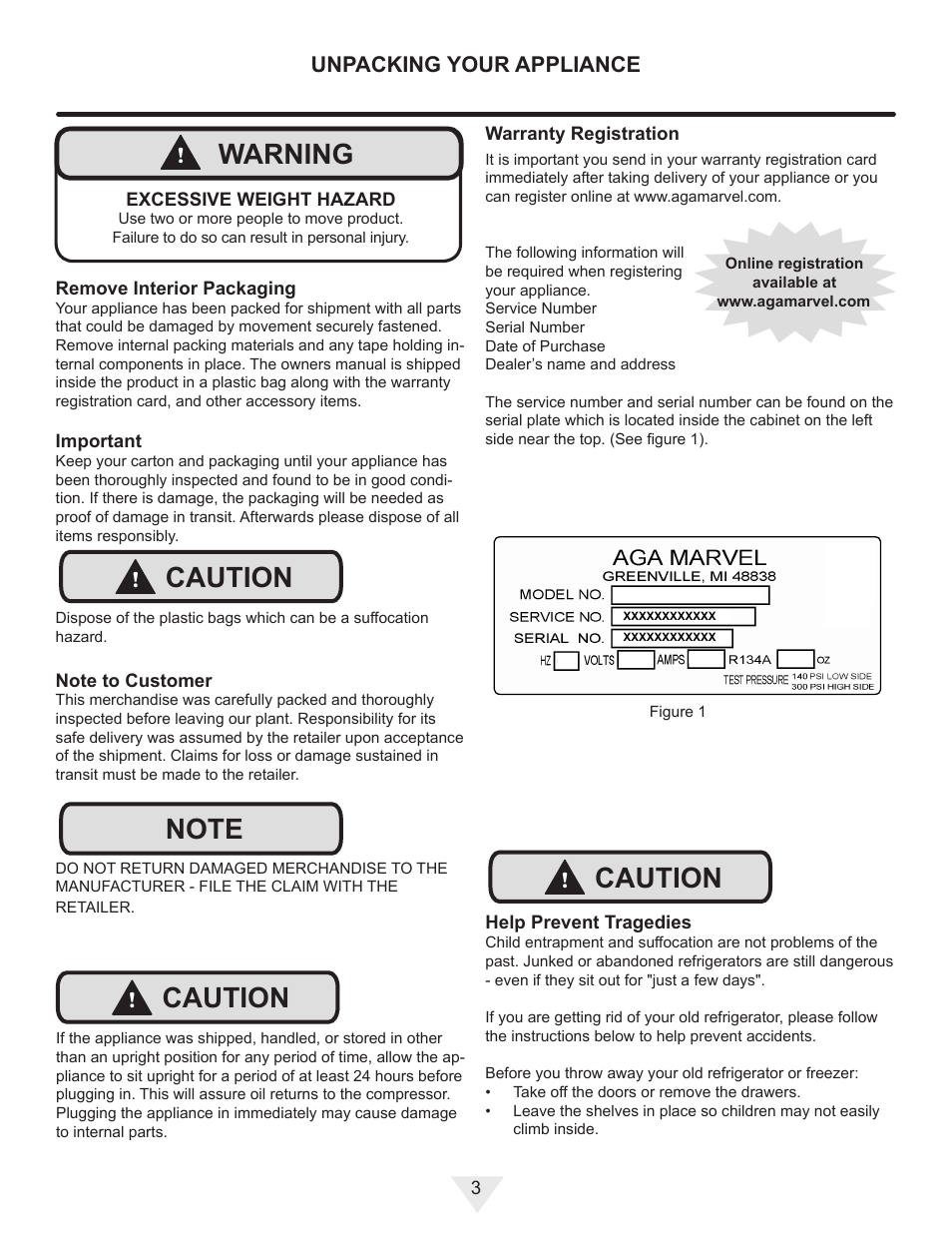 Caution, Warning, Unpacking your appliance | Vintage Cellars MP24WD User Manual | Page 3 / 24