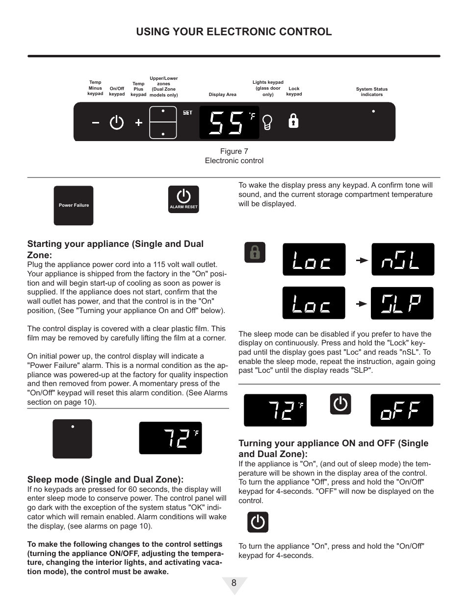 Using your electronic control, Starting your appliance (single and dual zone, Sleep mode (single and dual zone) | Vintage Cellars MP24WD User Manual | Page 8 / 24